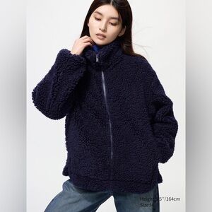 Uniqlo Women’s Fluffy Yarn Fleece Full-zip Jacket Navy Blue Cosy Soft Size M